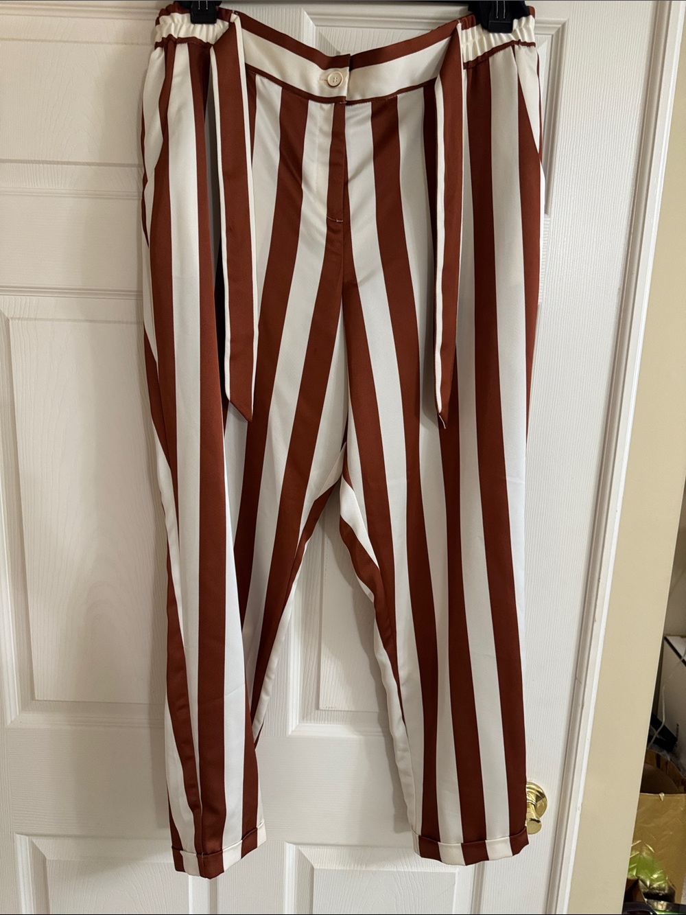 eva mendes for New York & Company Rust and White Vertical Stripe Tie-Waist Pants
